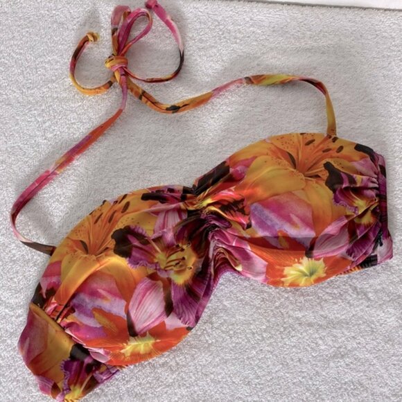 5/$25 La Vie En Rose Aqua Pink Orange Floral Print Bikini Top M - Picture 1 of 8